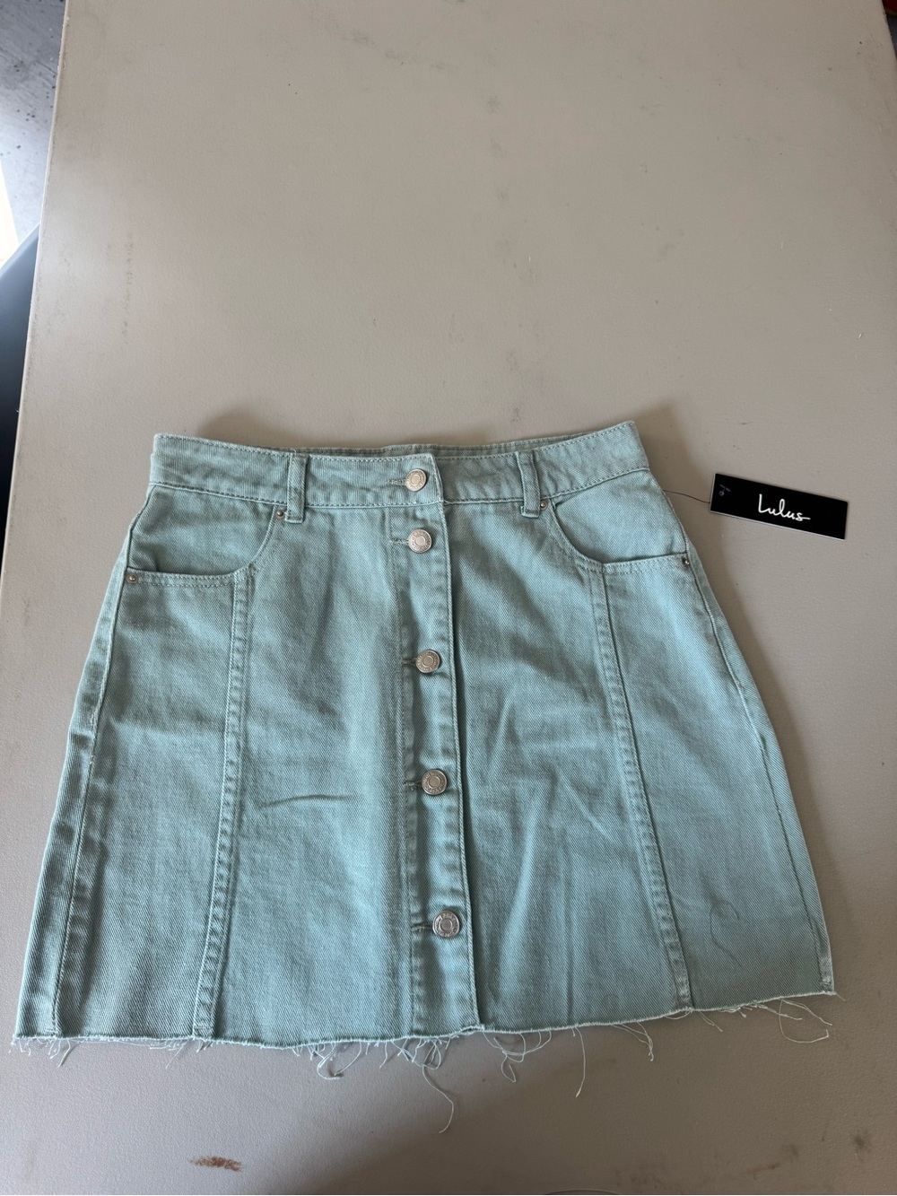 Lulu's Mint Button-Front A-Line Denim Mini Skirt